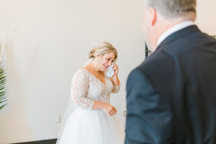 Bride In Wedding Dress Called Mallory Dawn By Maggie Sottero With Father Of The Bride During First Look