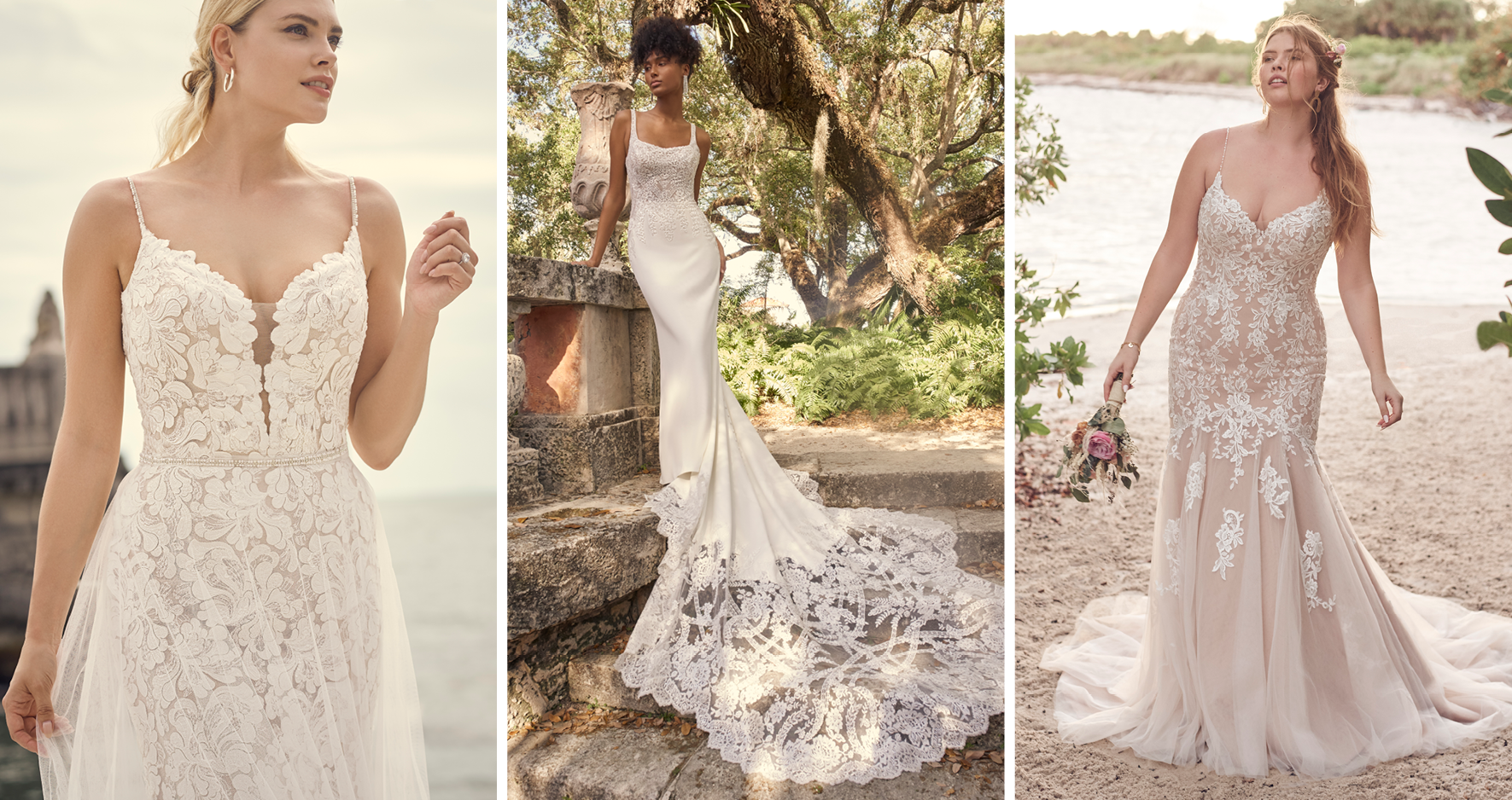 Collage of Brides Wearing Fit-and-Flare Wedding Dresses by Maggie Sottero for Brides with Athletic Body Types