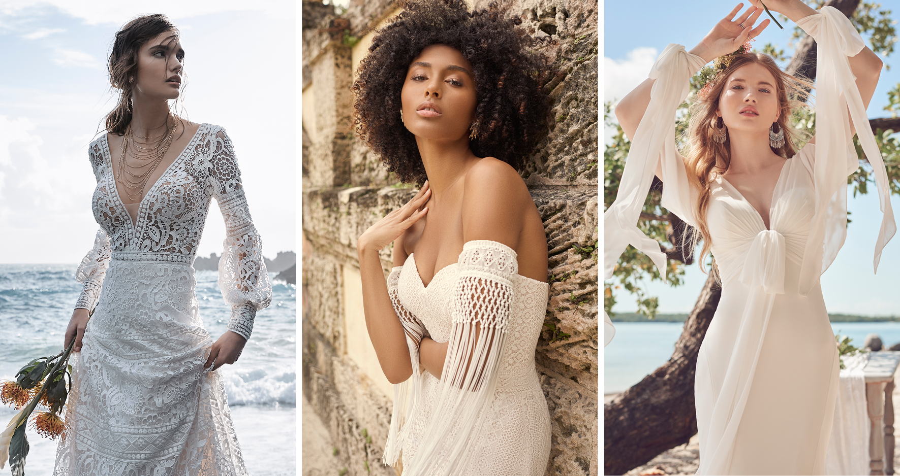 Three Brides Wearing 1970s Wedding Dresses by Maggie Sottero