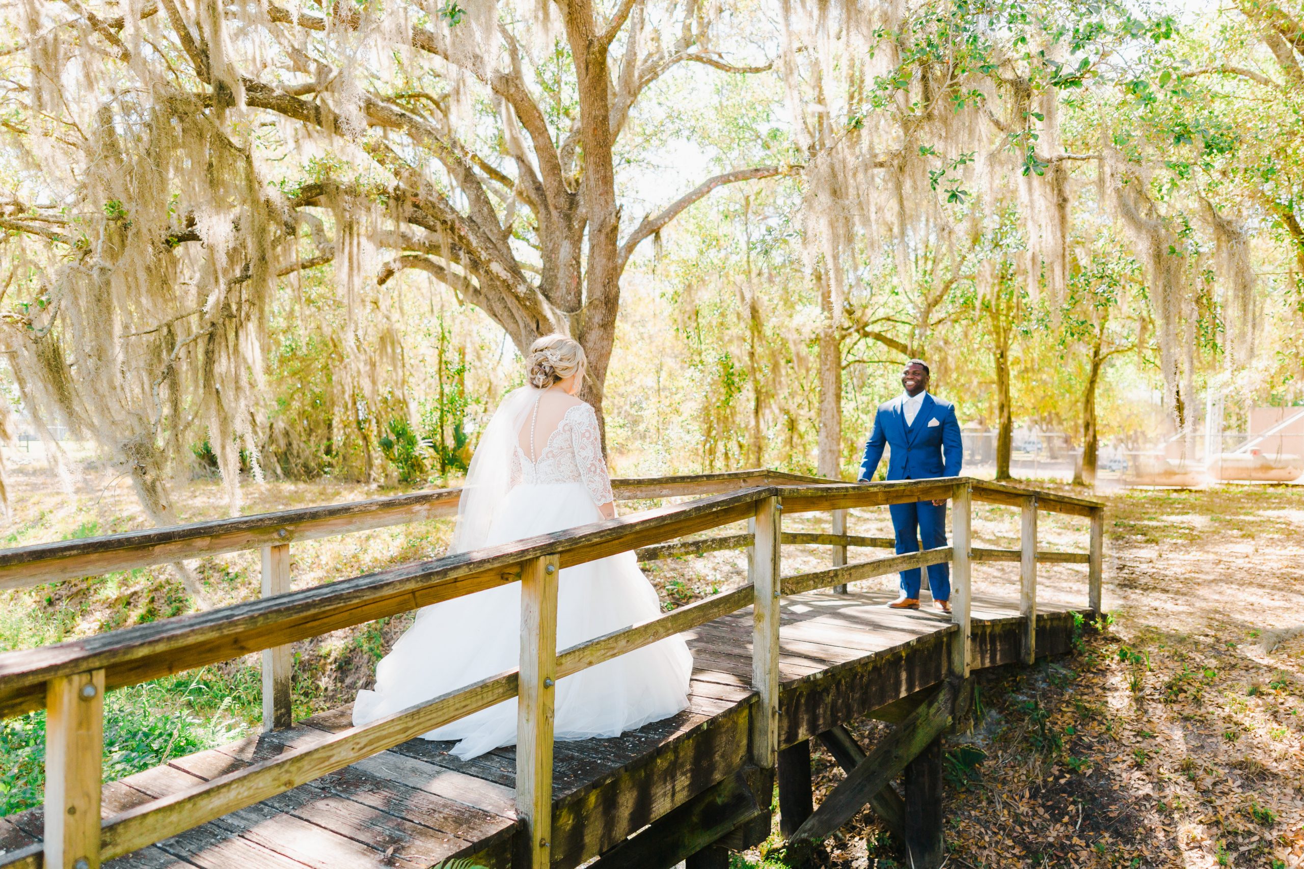 Bride in Maggie Sottero Wedding Dress with Groom Doing Wedding First Look