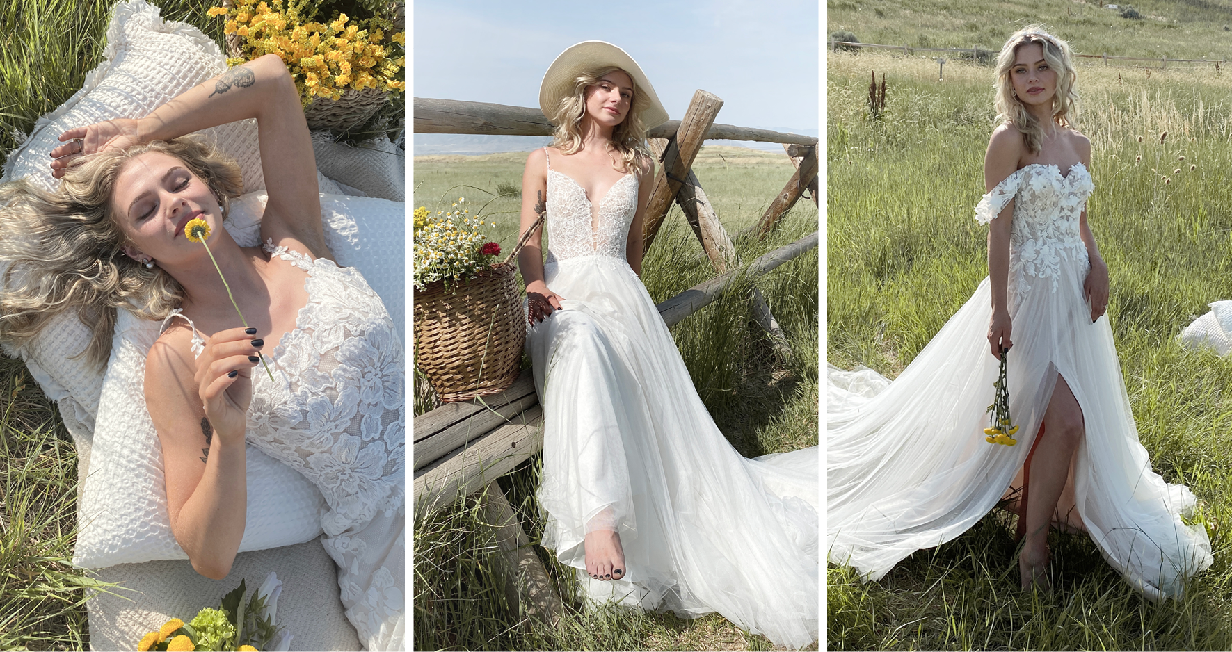 Brides in a Field Wearing Cottagecore Wedding Dresses by Maggie Sottero
