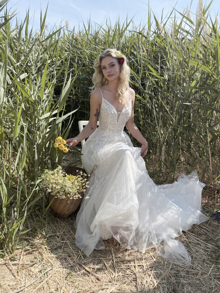 Bride with Basket of Wildflowers Wearing Cottagecore Bridal Gown Called Paige by Maggie Sottero