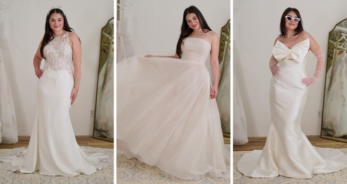 Bride wearing different Y2K-inspired vintage wedding dresses by Maggie Sottero