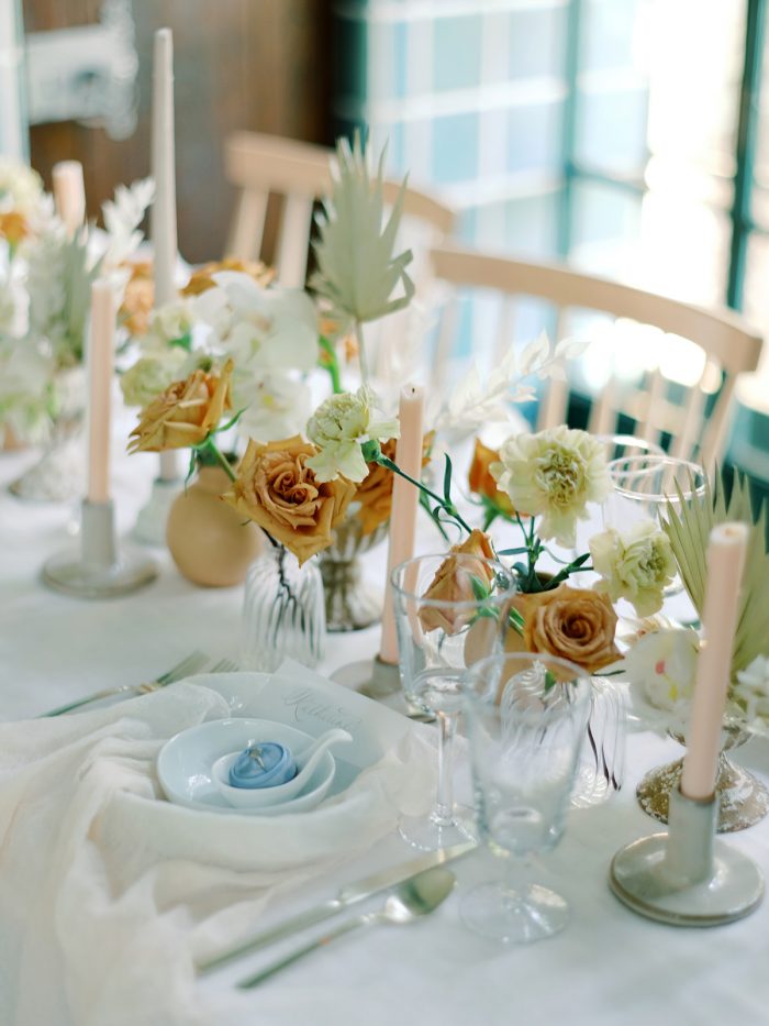 Table Setting Featuring Green and Gold Summer Wedding Color Palette