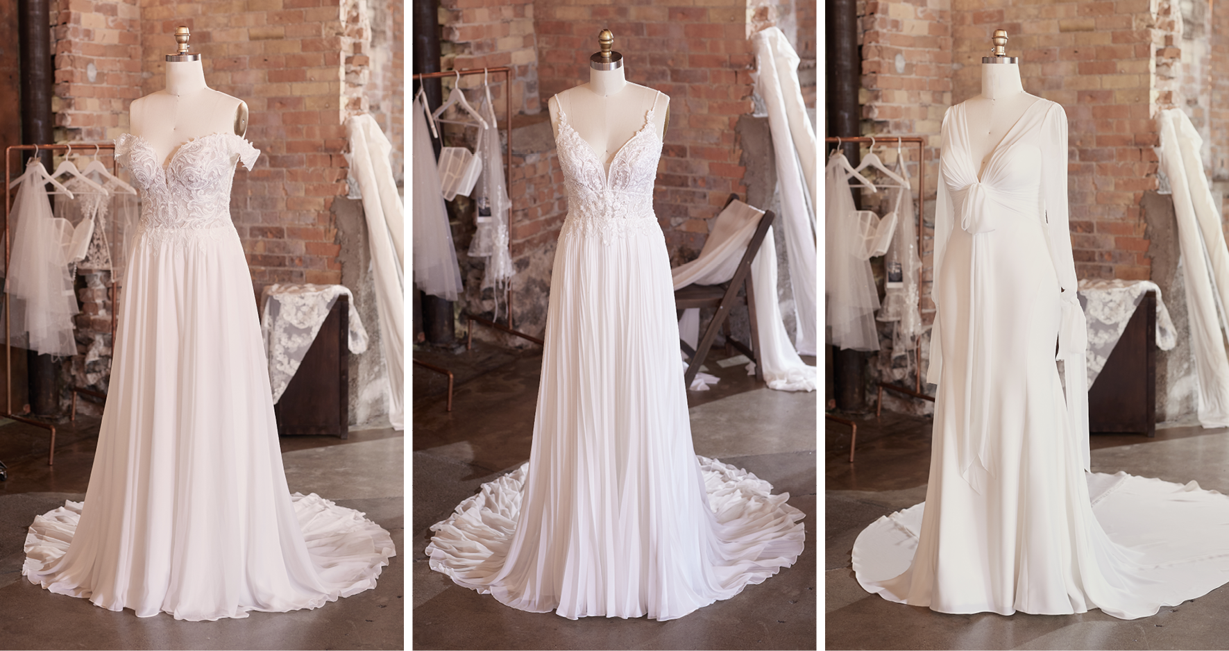 Collage of Three Chiffon Wedding Dresses on Mannequins