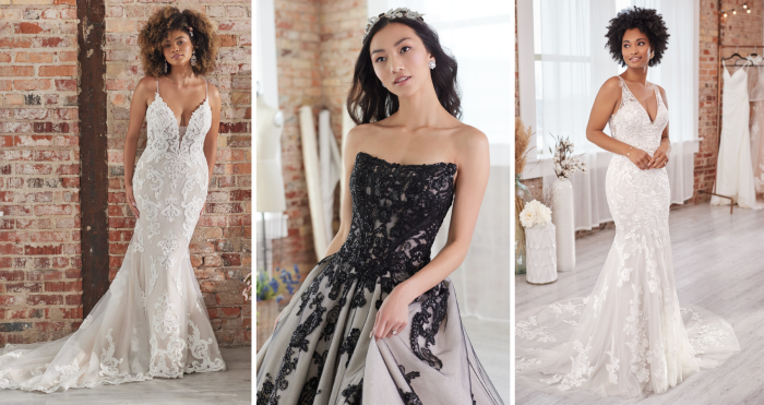 Ultimate Guide To Different Color Wedding Dresses Blog Header Image With Brides Wearing Tuscany By Maggie Sottero, Norvinia By Sottero And Midgley, And Greenley By Maggie Sottero