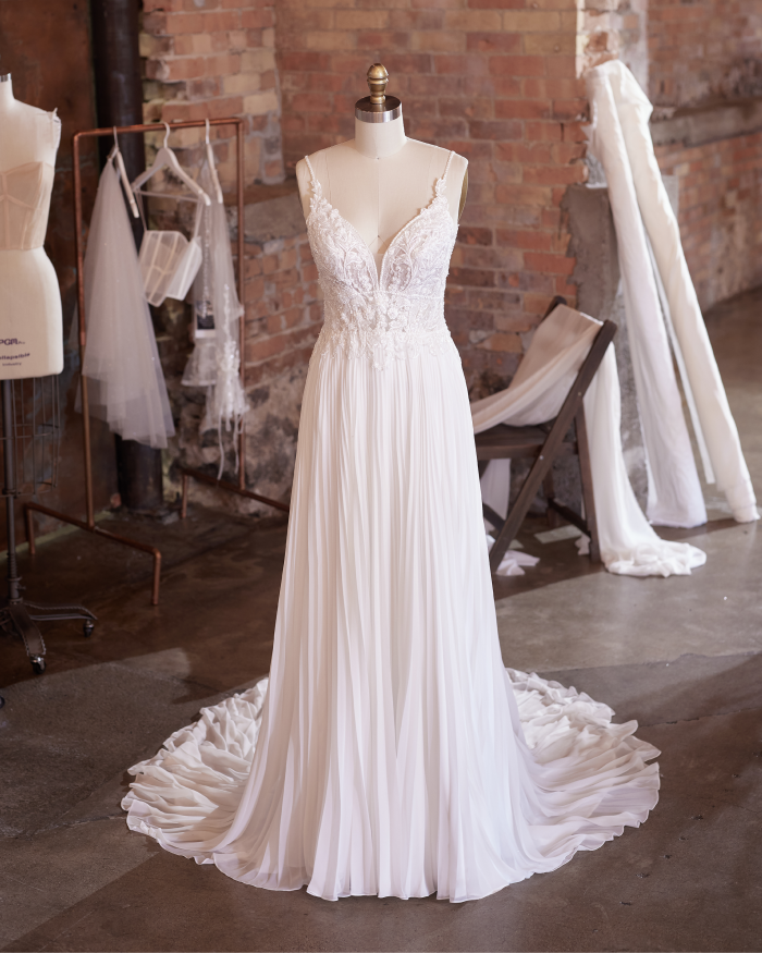 Pleated Chiffon Wedding Dress on Mannequin