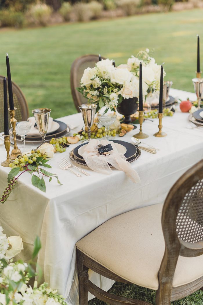 Elegant Outdoor Wedding Idea of Black and Ivory Table Setting 