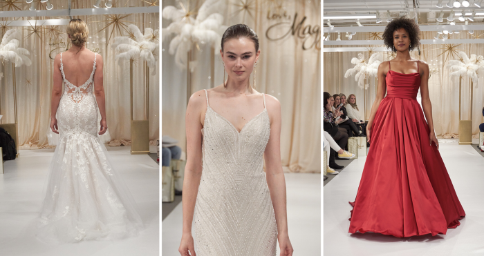 Runway Wedding Dresses From Maggie Sottero's Fall 2022 Collection With Models Wearing Wedding Dresses By Rebecca Ingram, Boston By Sottero and Midgley, And Scarlet By Maggie Sottero