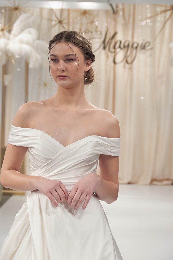 Model Wearing Satin Runway Wedding Dresses Called Ekaterina By Maggie Sottero