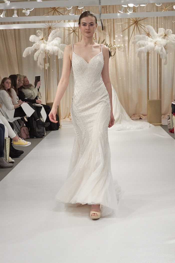 Model Wearing Beaded Runway Wedding Dresses Called Boston By Sottero And Midgley