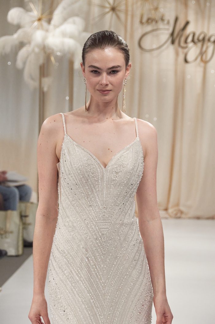 Model Wearing Beaded Runway Wedding Dresses Called Boston By Sottero And Midgley