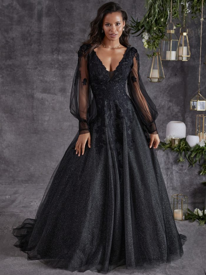 Bride In Black Long Sleeve Wedding Dress Called Alexandria By Rebecca Ingram