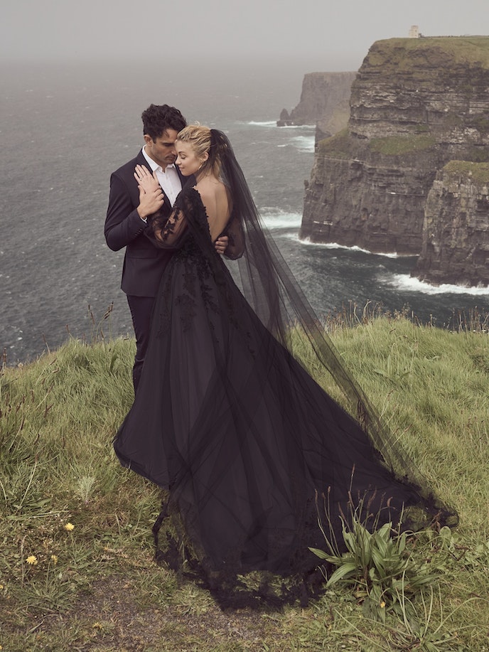 Bride In Black Wedding Dress With Black Veil Called Alexandria By Rebecca Ingram