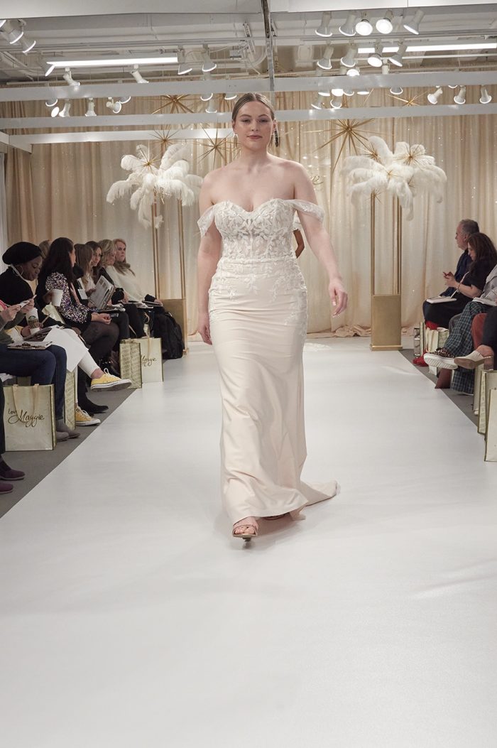 Model Wearing Sheath Runway Wedding Dress Called Lily By Rebecca Ingram