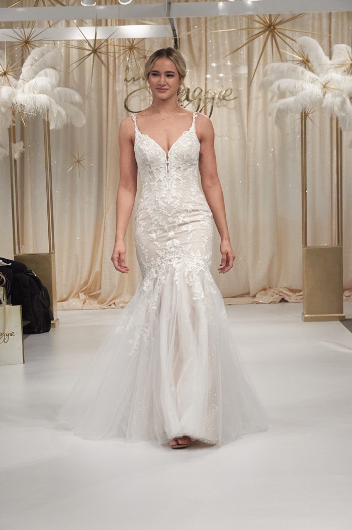 Model Wearing Lace Mermaid Wedding Dress Called Wendi By Rebecca Ingram