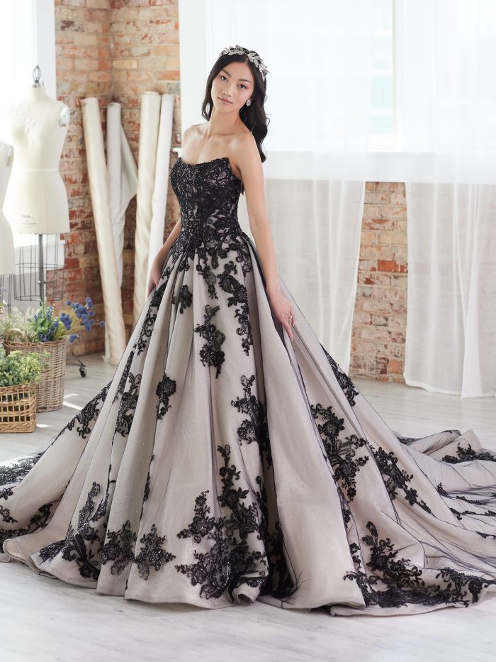 Model Wearing Strapless Black Ballgown Called Norvinia by Sottero and Midgley