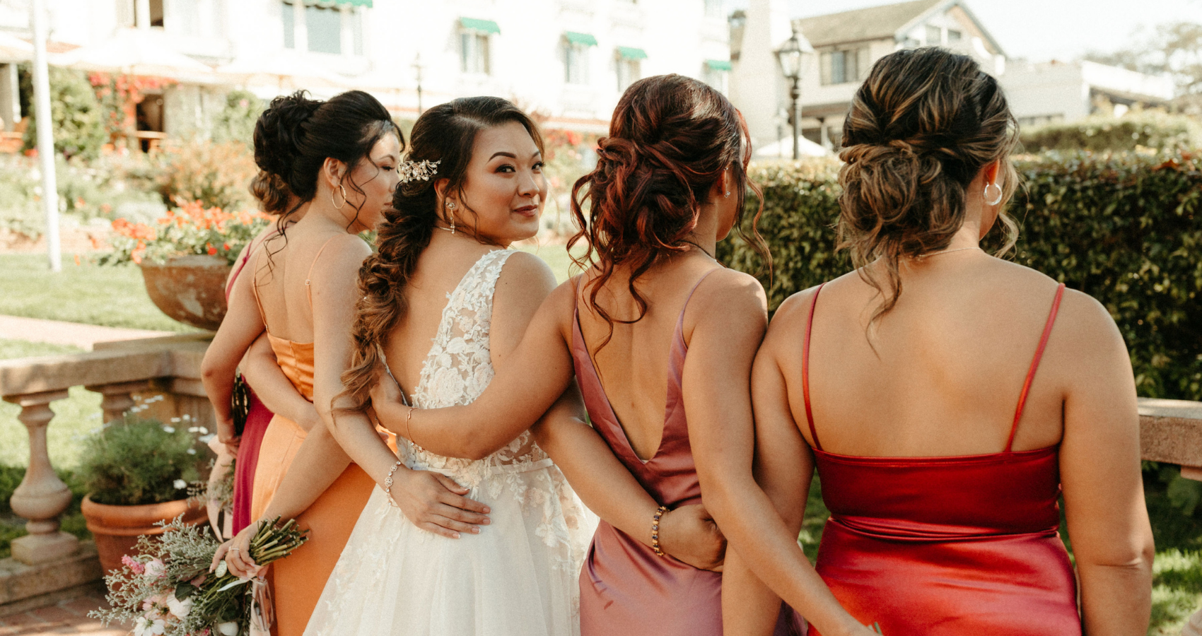 Bride In Lace A Line Wedding Dress Called Minerva By Rebecca Ingram With Bridesmaids In Maroon And Red