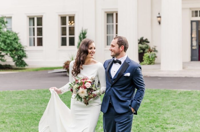 Bride In Crepe Fabric Wedding Dress Called Aston By Sottero And Midgley With Groom