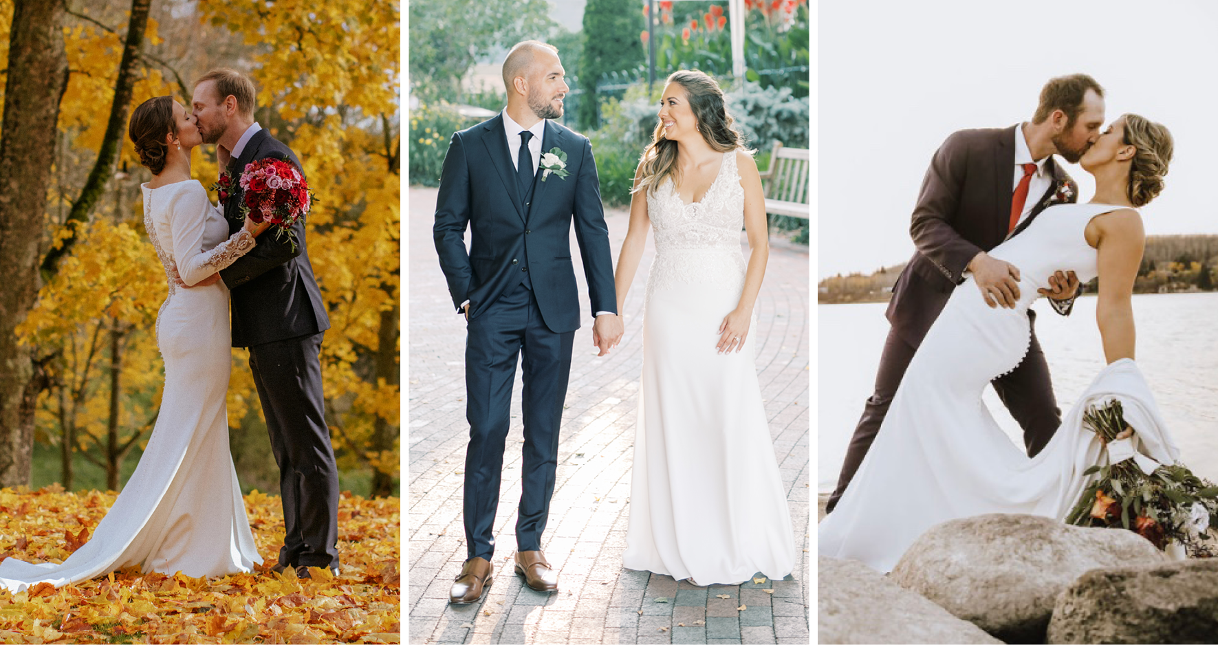 Collage de Novias Que Usan Vestidos de Novia Crepé Diseñados Por Maggie Sottero