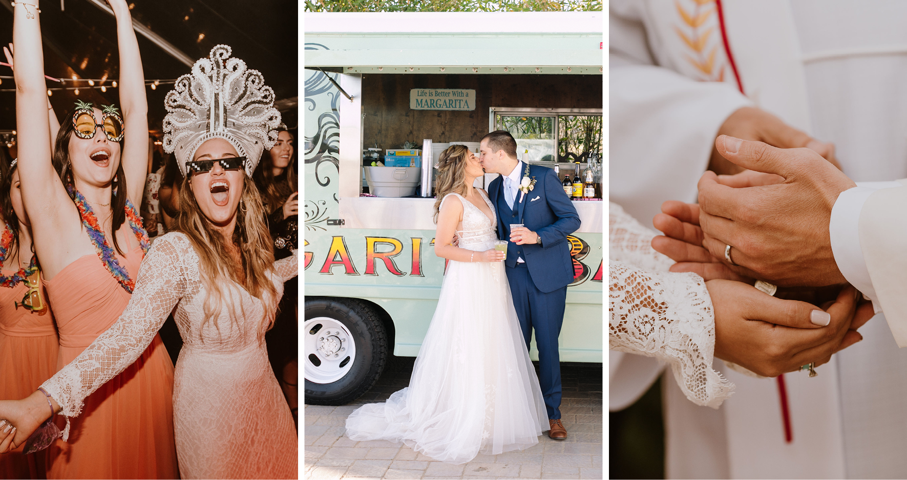 Collage of Hispanic Bride Dancing and Hispanic Bride Kissing the Groom and Hands Exchanging Coins
