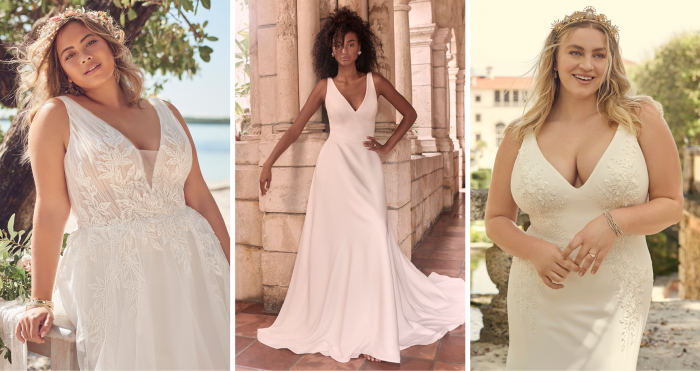 Collage of Plus Size Models Wearing Wedding Dresses Called Jenessa by Rebecca Ingram and Josephine Lynette by Maggie Sottero and Adrianna by Maggie Sottero