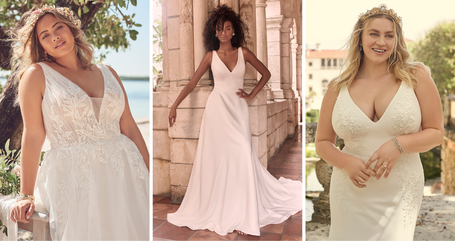 Collage of Plus Size Models Wearing Wedding Dresses Called Jenessa by Rebecca Ingram and Josephine Lynette by Maggie Sottero and Adrianna by Maggie Sottero