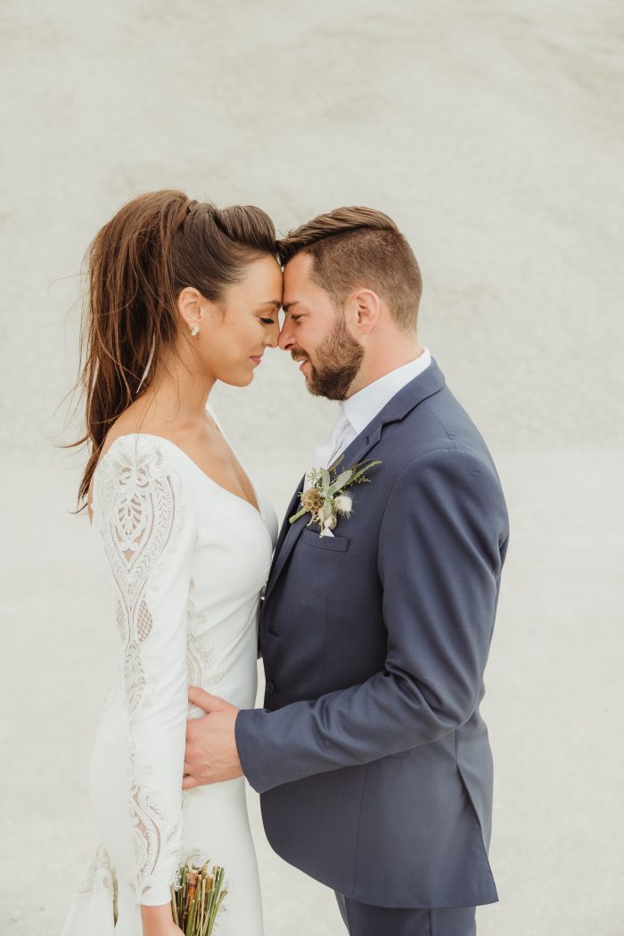 Bride In Long Sleeve Crepe Wedding Dress Called Abbott By Sottero And Midgley