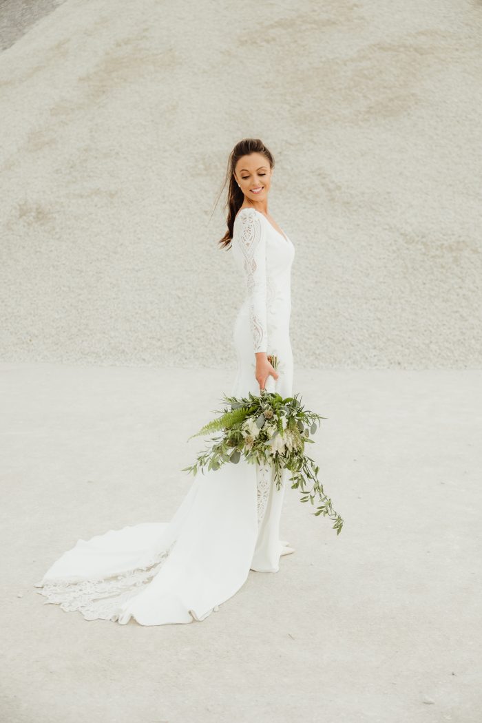 Bride In Long Sleeve Crepe Wedding Dress Called Abbott By Sottero And Midgley
