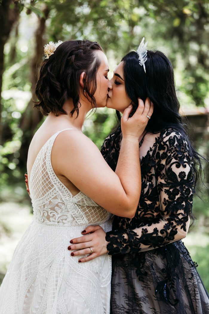 LGBTQ+ Brides Wearing A-Line Wedding Dresses Called Roxanne And Zander By Sottero And Midgley