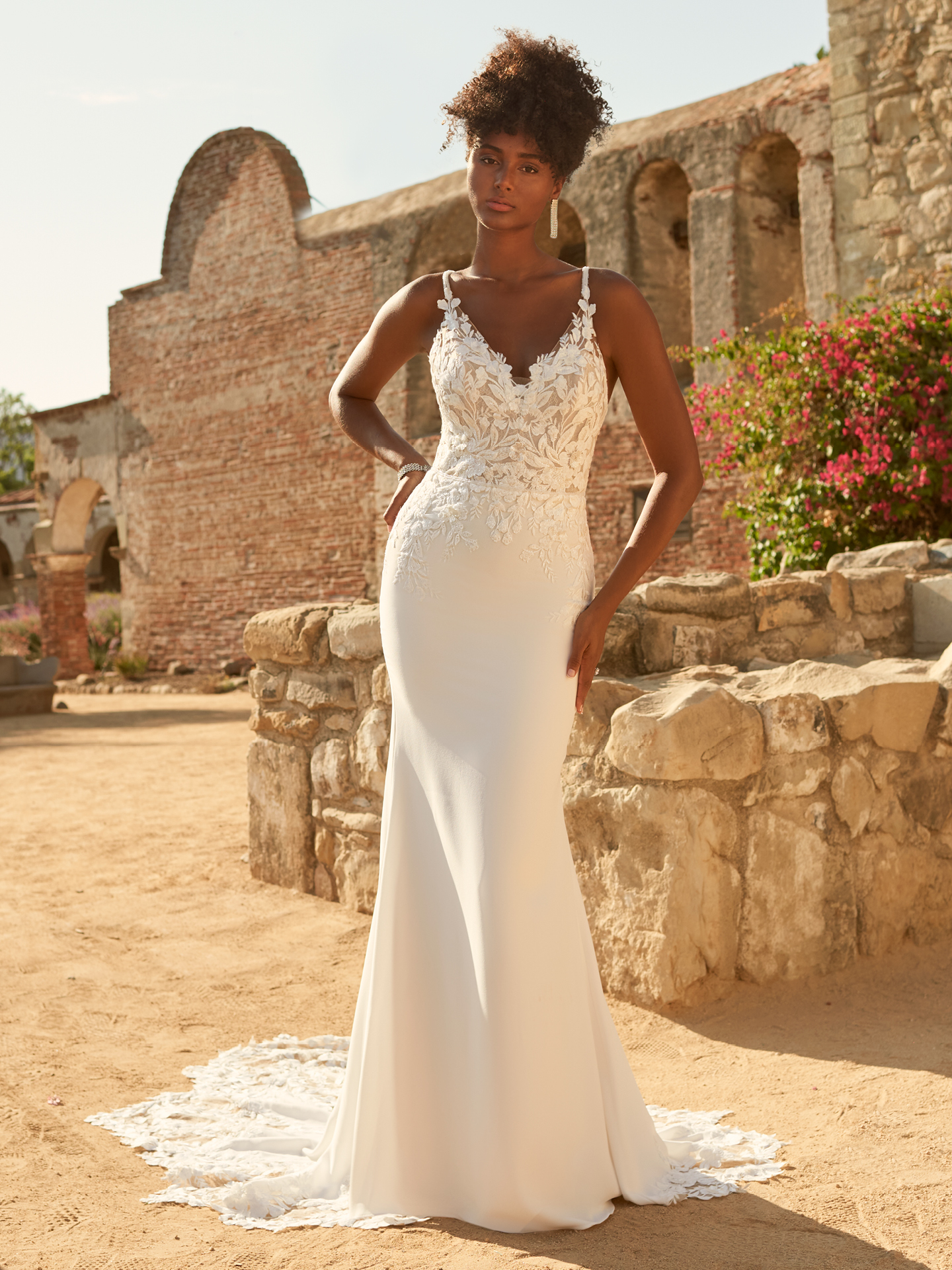 Bride Wearing A Sheath Crepe Dress Called Baxley By Maggie Sottero