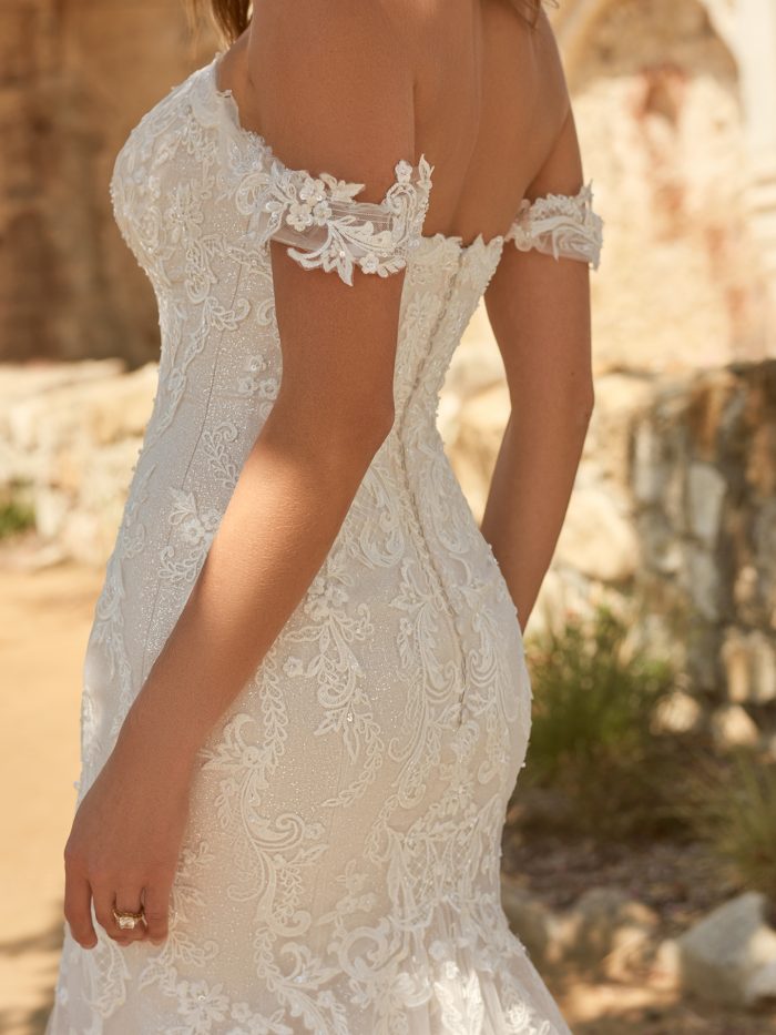 Bride Wearing An Off The Shoulder Wedding Dress Called Frederique By Maggie Sottero