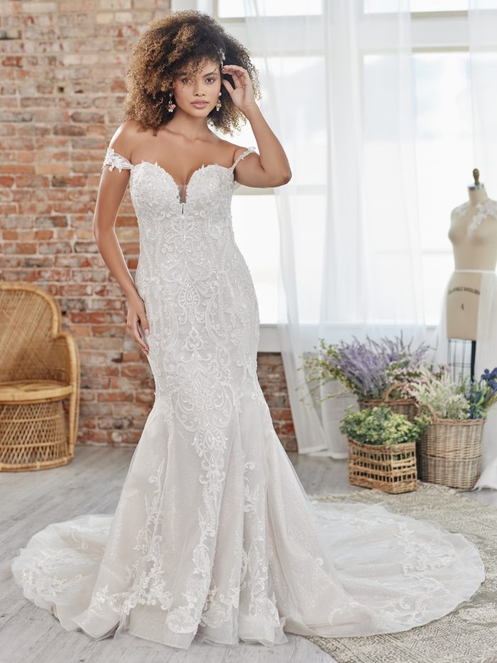 Bride wearing mermaid wedding dress Frederique by Maggie Sottero 