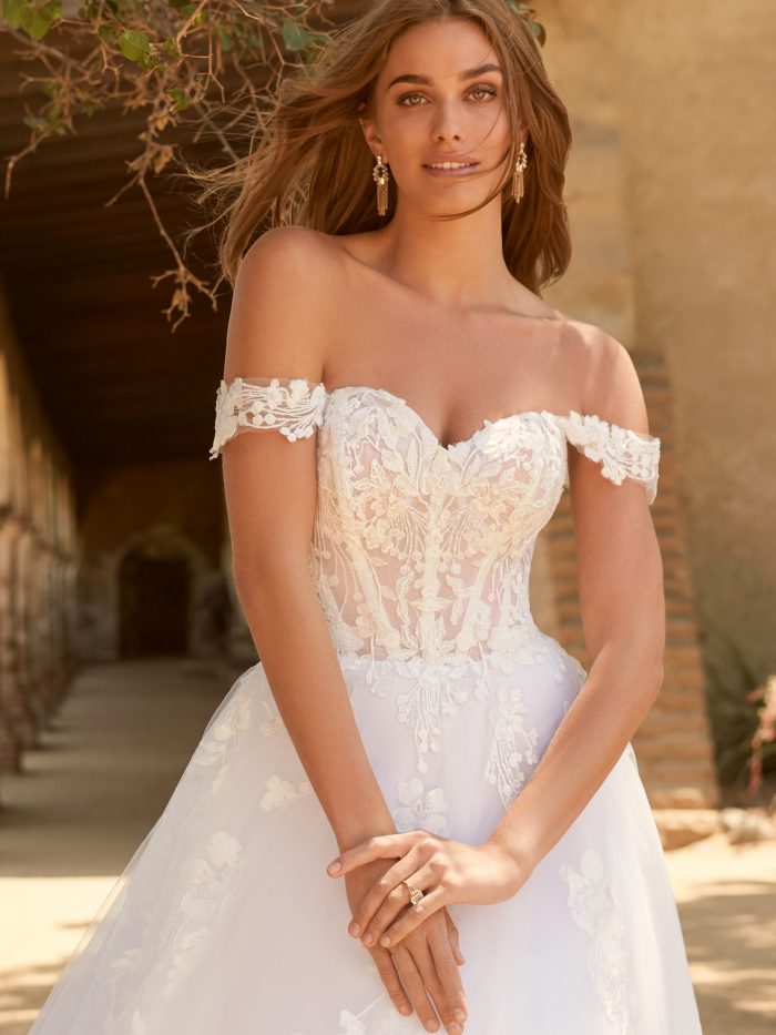Wedding Dress Styles For Body Types For Brides With Smaller Chests Wearing A Dress Called Harlem By Maggie Sottero