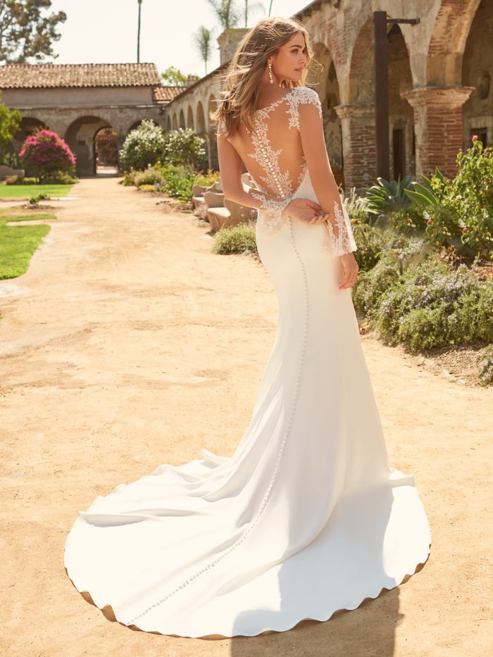 Bride In Simple Elegant Wedding Dress With Crepe Fabric And Illusion Back Called Hayes By Maggie Sottero