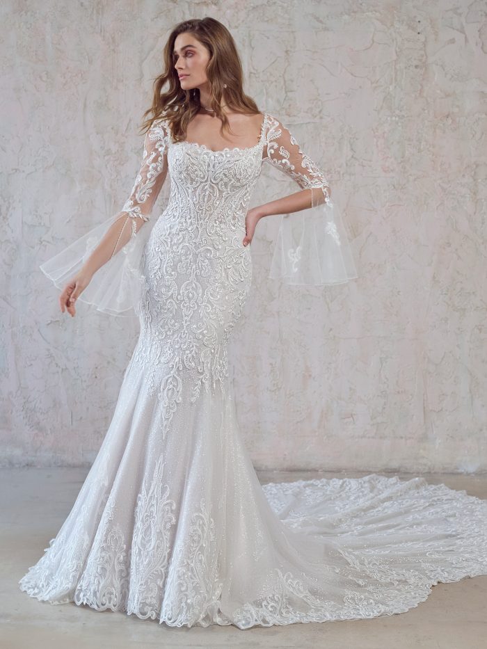 Bride In Fit And Flare Wedding Dress With Bell Sleeves Called Norelle By Maggie Sottero