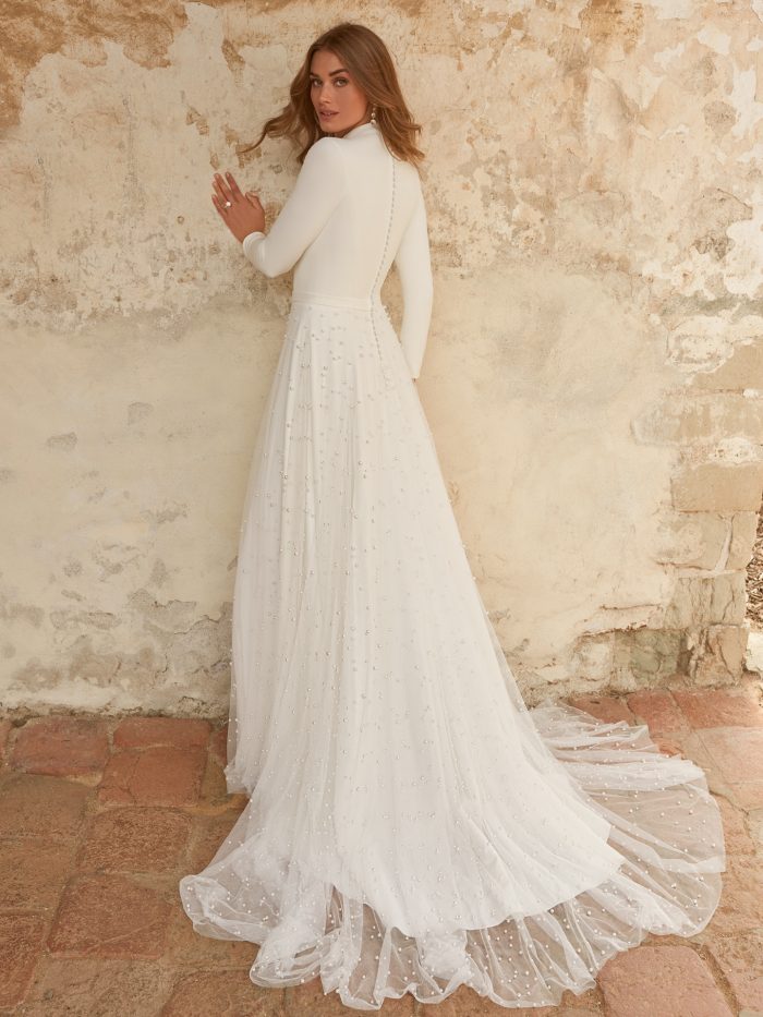 Wedding Dress Trends With Bride Wearing A High Neck Dress Called Sahar By Maggie Sottero