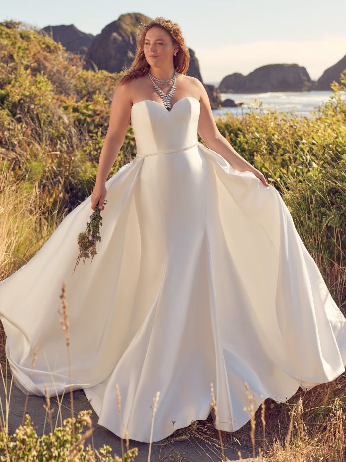Bride Wearing Artsy Wedding Gown Called Pippa By Rebecca Ingram With Detachable Skirt