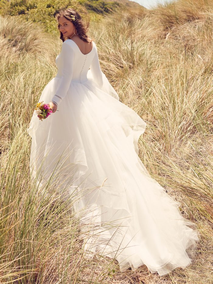 Bride In Modest Wedding Dress With Tulle Skirt Called Rosemary Leigh By Rebecca Ingram