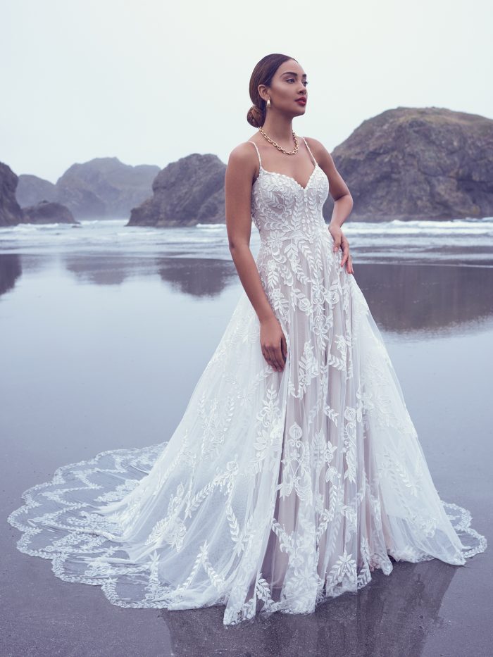Bride Wearing Bohemian Lace A-Line Wedding Dress On Beach Called Brooklyn Sottero And Midgley