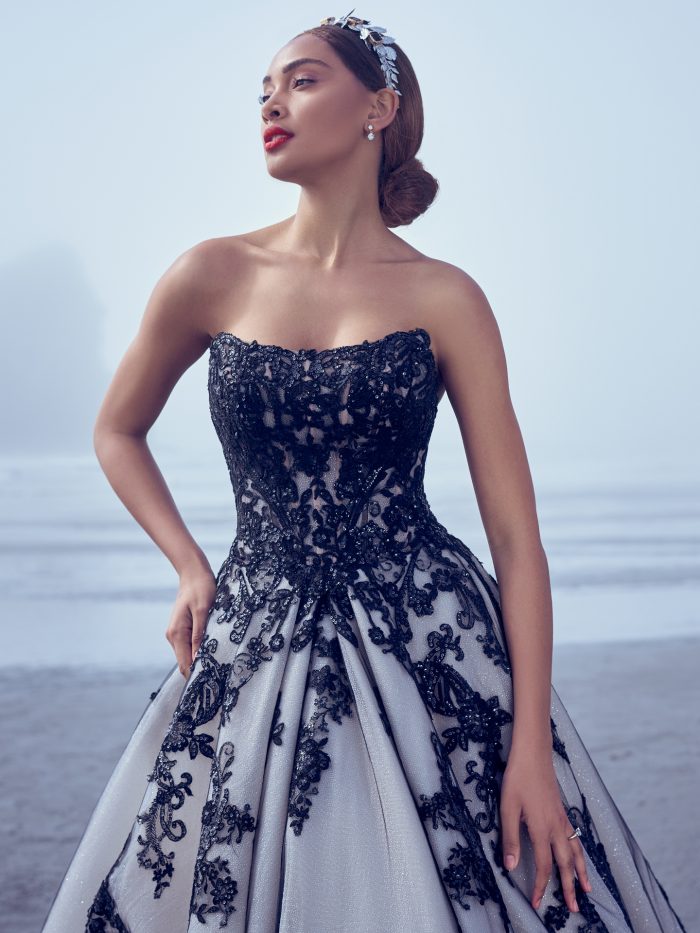 Bride Wearing A Black Strapless Wedding Dress Called Norvinia By Sottero And Midgley