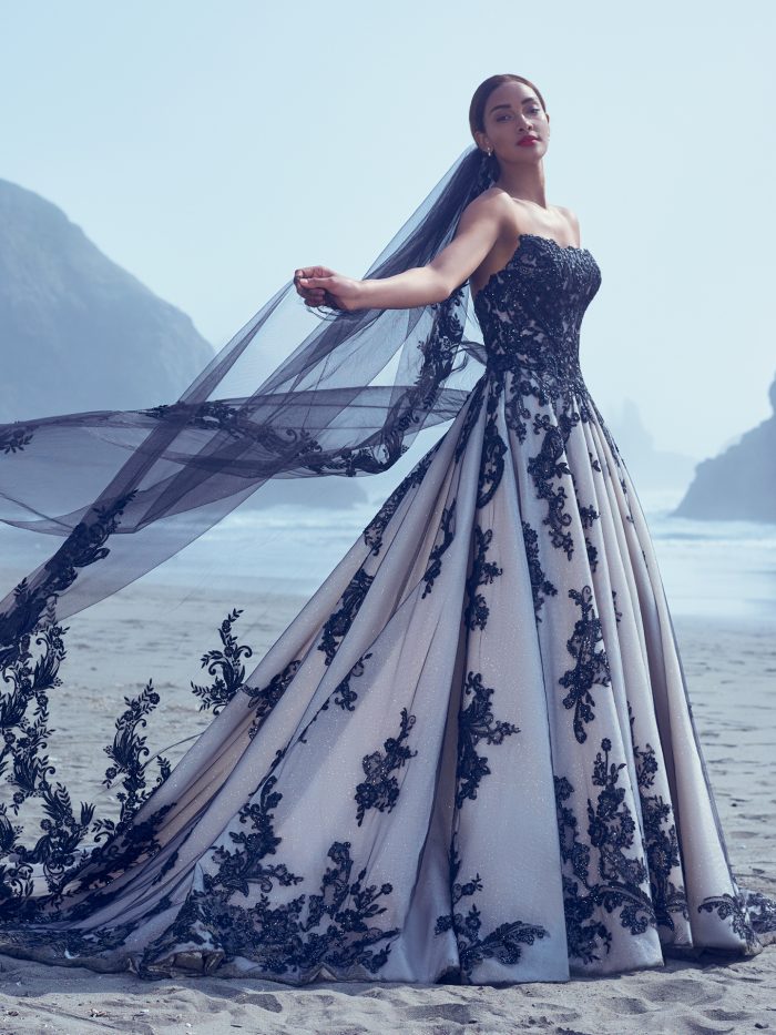 Bride Wearing A Black Strapless Wedding Dress Called Norvinia By Sottero And Midgley With Black Veil