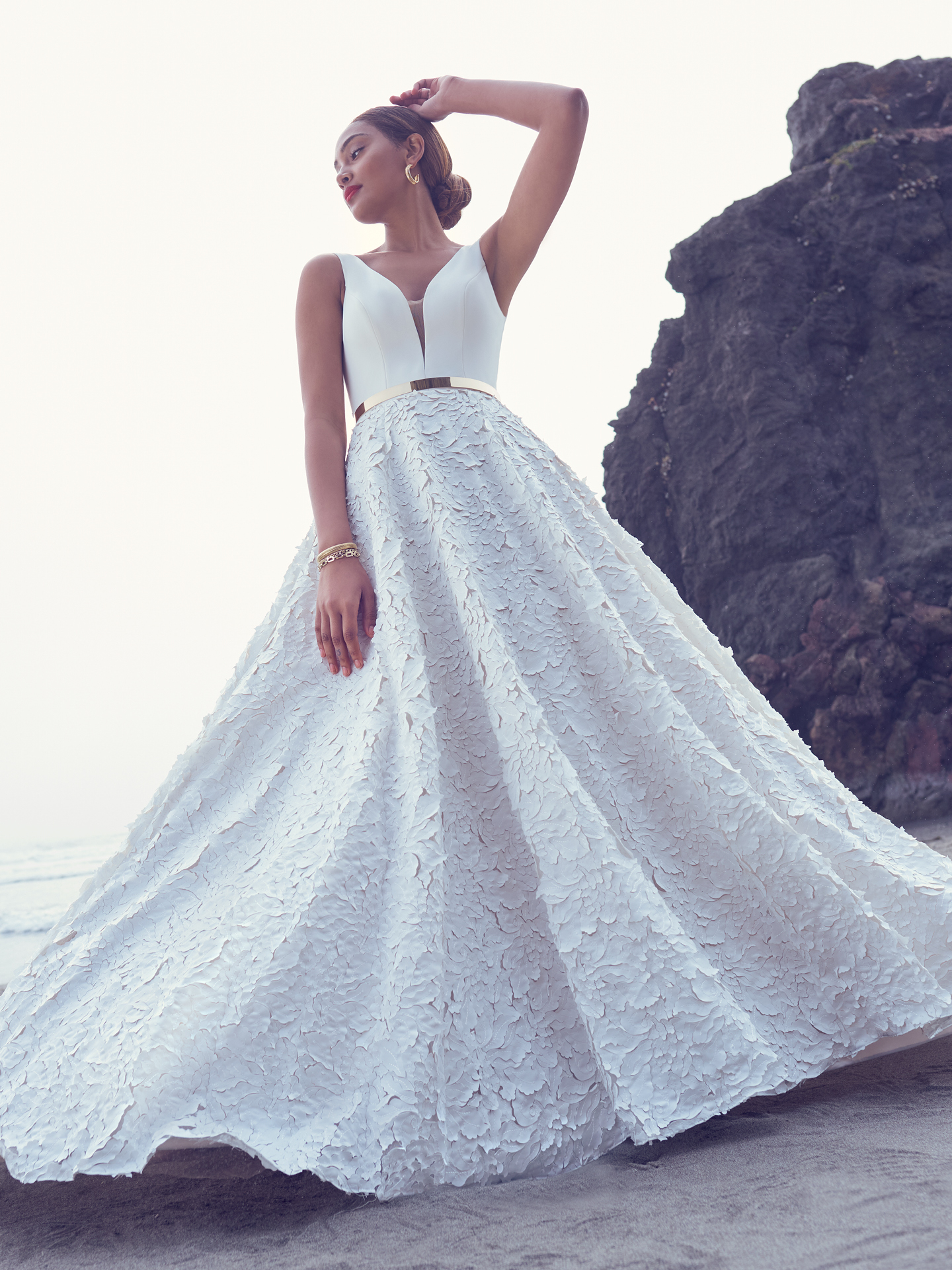 Bride Wearing A Detailed Wedding Dress With Detachable Gold Belt Called Richardson By Sottero And Midgley