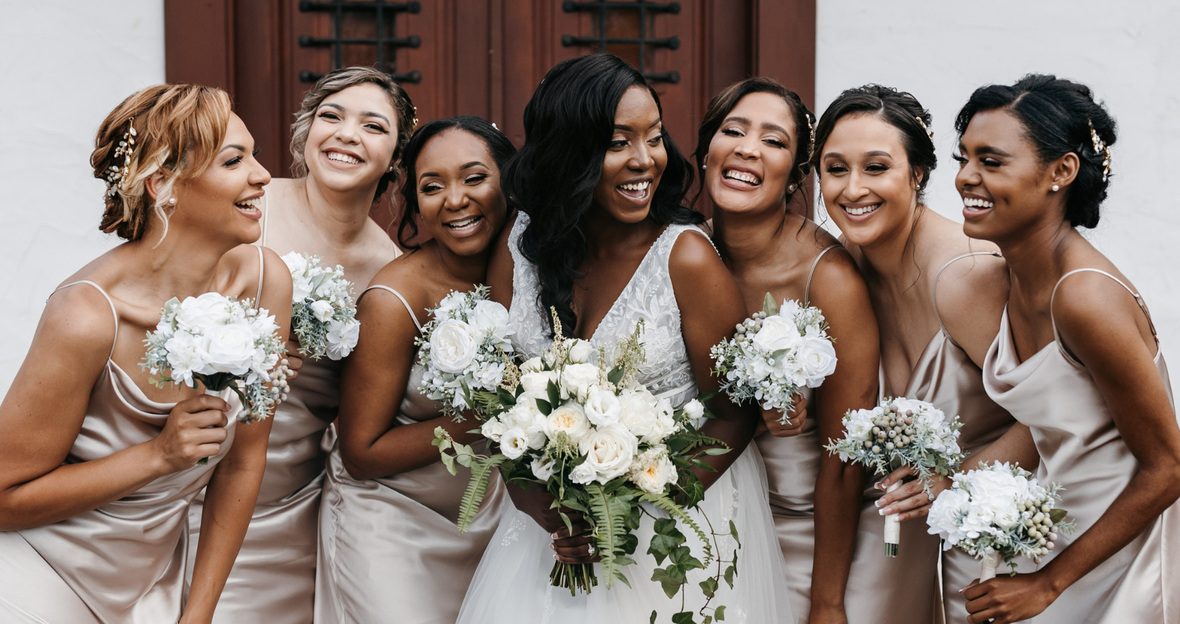 Black Bride In A-Line Wedding Dress Called Raelynne By Rebecca Ingram With Bridesmaids For Stress Free Wedding Planning
