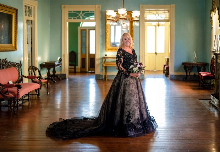 Mature Bride In Black Long Sleeve Wedding Dress Called Zander By Sottero And Midgley