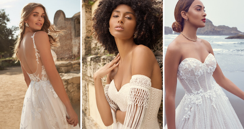 2022 Wedding Dress Trends Header With Brides Wearing Dresses Called Winter By Maggie Sottero, Dover By Maggie Sottero, And Shasta By Sottero And Midgley