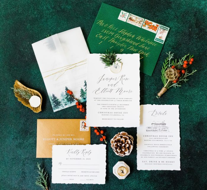 Green And Gold Winter Wedding Ideas Invitations With Pine Cones And Holly