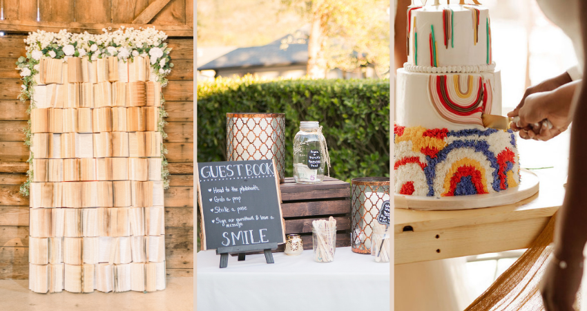 DIY Book Arch, Photo Signs, And Rainbow Wedding Cake