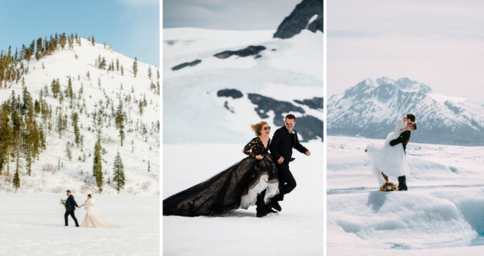 Winter Photography Ideas Header With Brides Wearing Mallory Dawn by Maggie Sottero, Zander By Sottero And Midgley