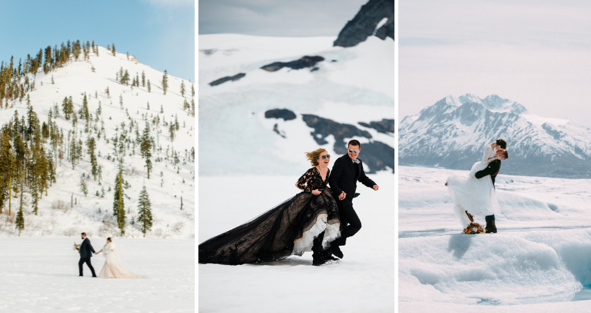 Winter Photography Ideas Header With Brides Wearing Mallory Dawn by Maggie Sottero, Zander By Sottero And Midgley